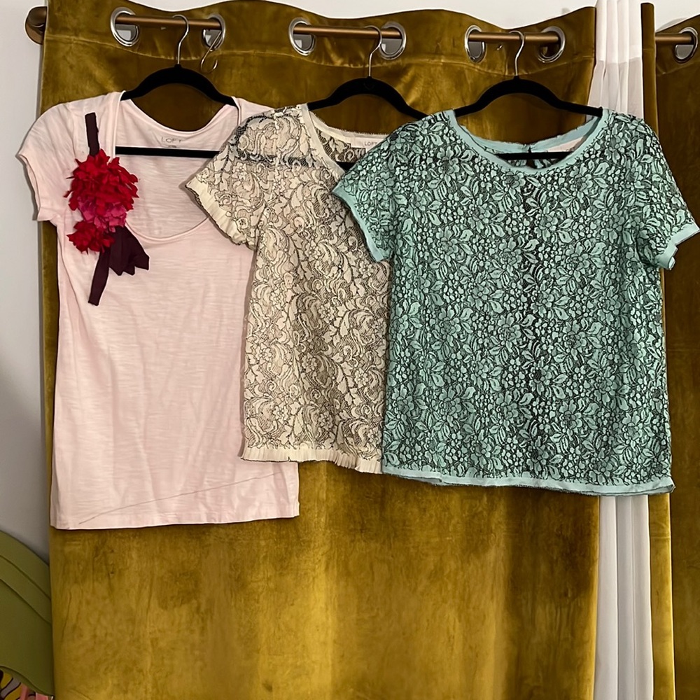 Lot of 3 LOFT tops. 2 lace, 1 t shirt with poms